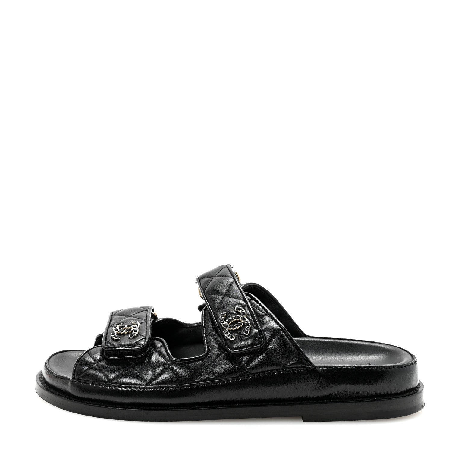 Lambskin Quilted Velcro Dad Chain CC Slide Sandals 36.5 Black
