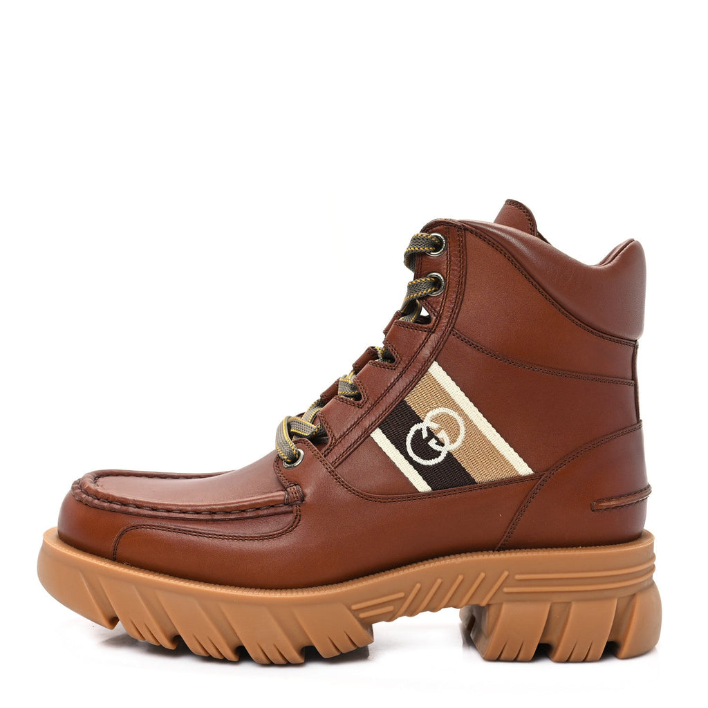 Gucci Quebec Calfskin Web Mens Interlocking G Lace Up Combat Up Combat Boots 8 Cuir Mystic White Ebony Beige