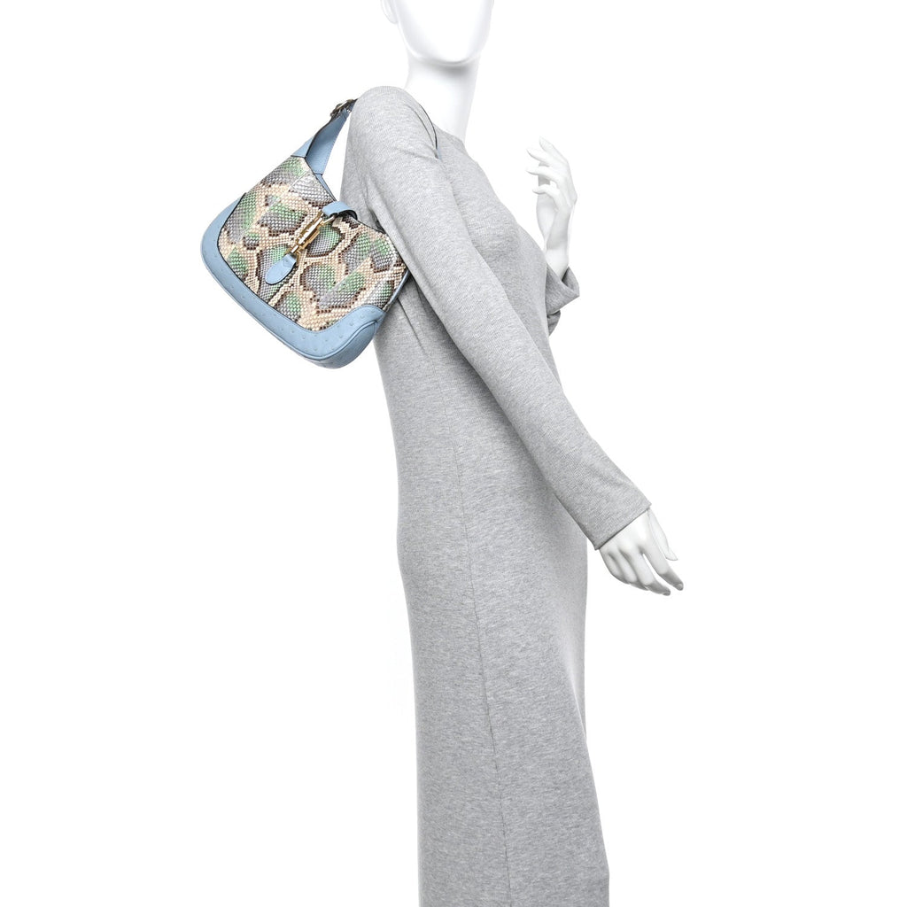 Gucci Snakeskin Ostrich Calfskin Small Jackie 1961 Hobo Blue Multicolor