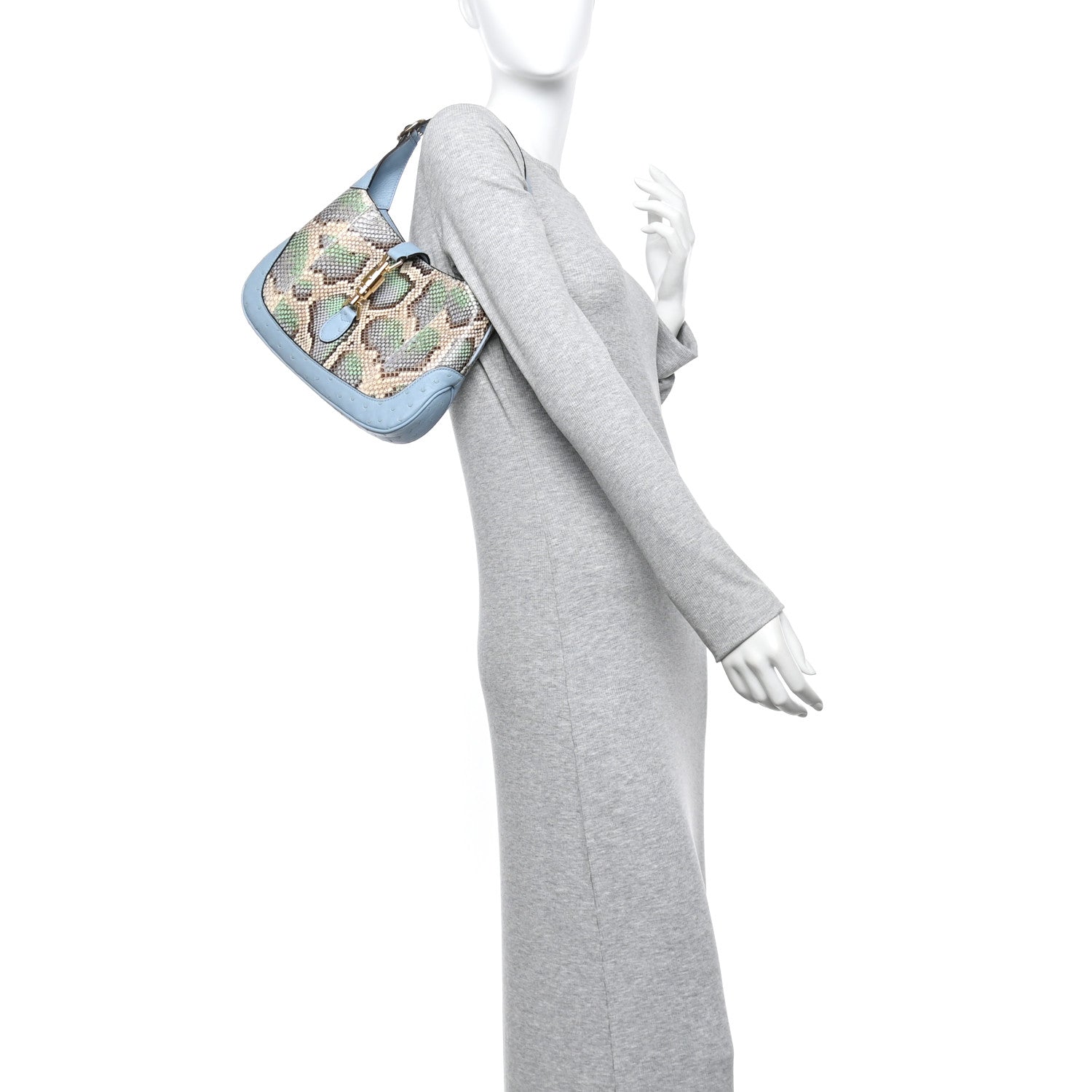 Gucci Snakeskin Ostrich Calfskin Small Jackie 1961 Hobo Blue Multicolor
