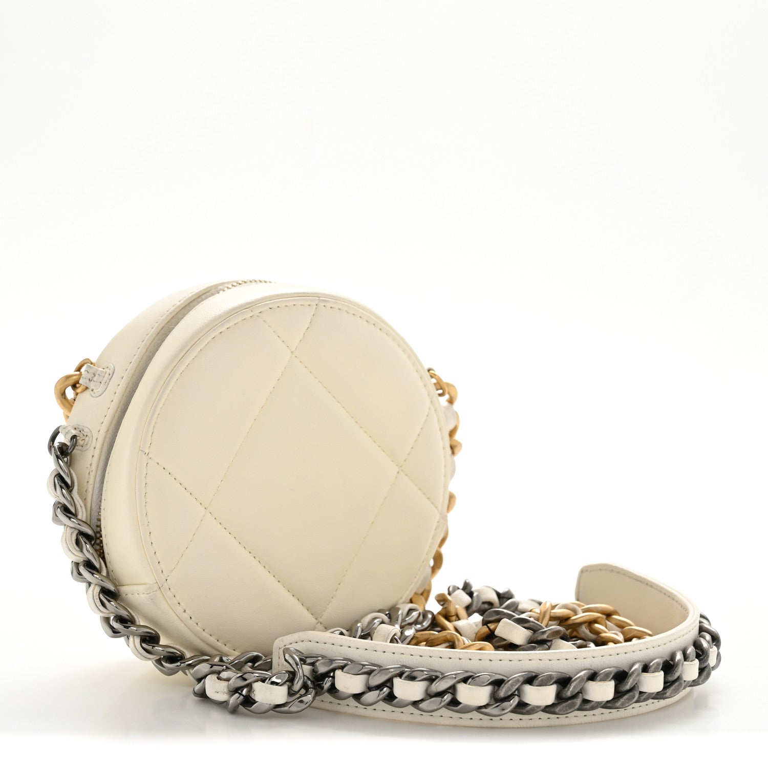 Chanel Lambskin Quilted Chanel 19 Round Clutch With Chain White
