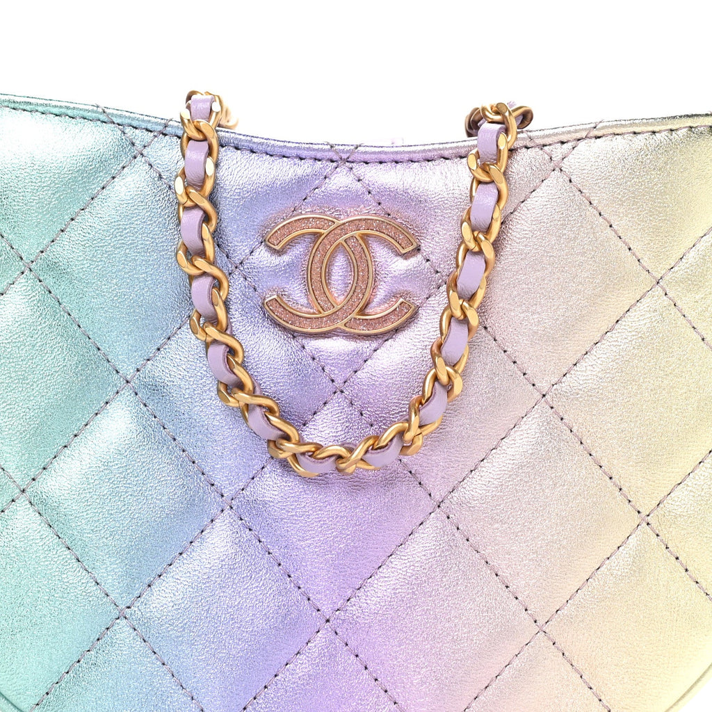 Chanel Gradient Metallic Lambskin Quilted Hobo Bag Pink Purple Green