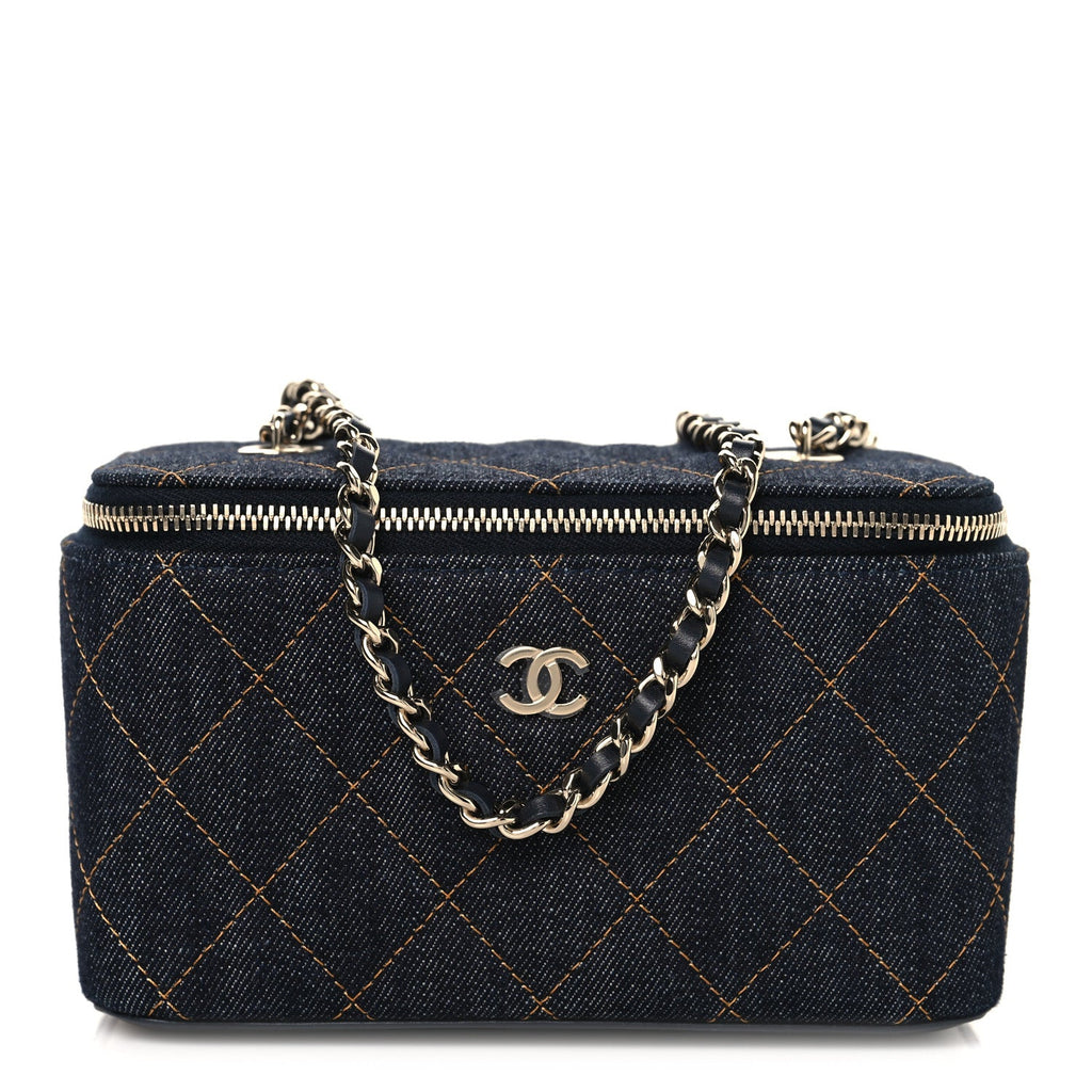 Chanel Denim Quilted Vanity Case With Chain Dark Blue