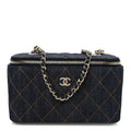 Chanel Denim Quilted Vanity Case With Chain Dark Blue