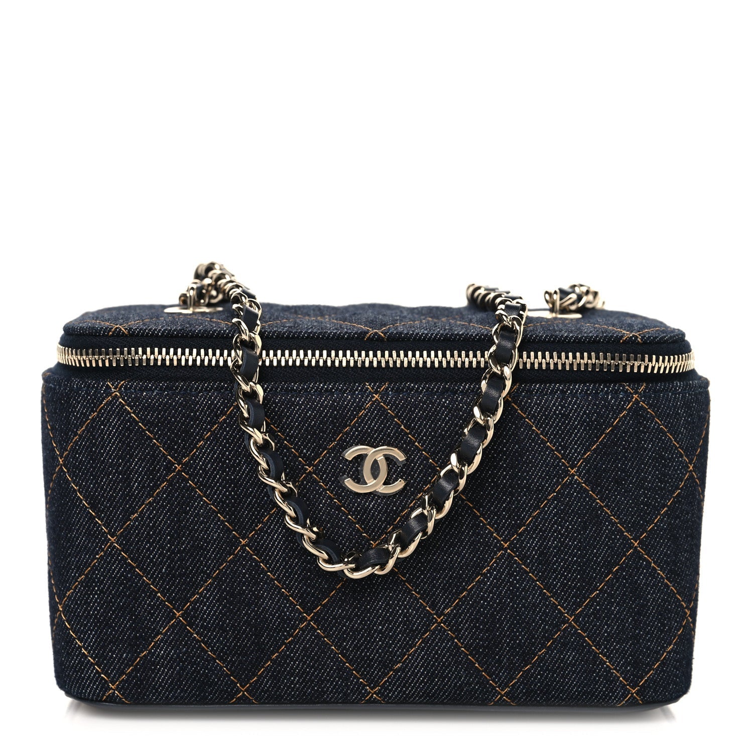Chanel Denim Quilted Vanity Case With Chain Dark Blue