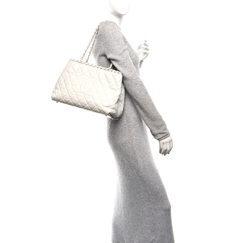 Chanel Glazed Calfskin Quilted Small Chain Me Tote Dark White