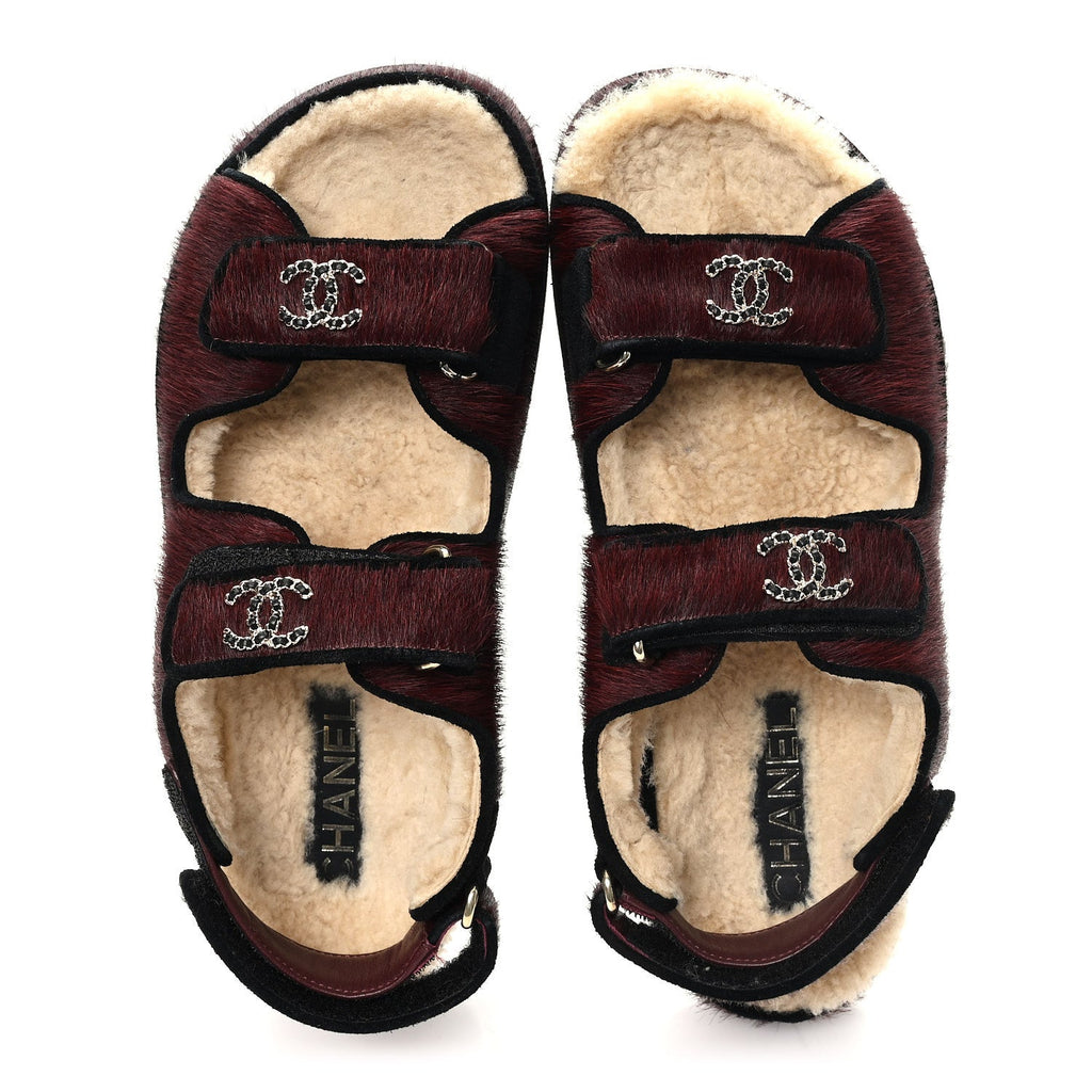 Calf Hair Suede Shearling Dad Sandals 37.5 Burgundy Black