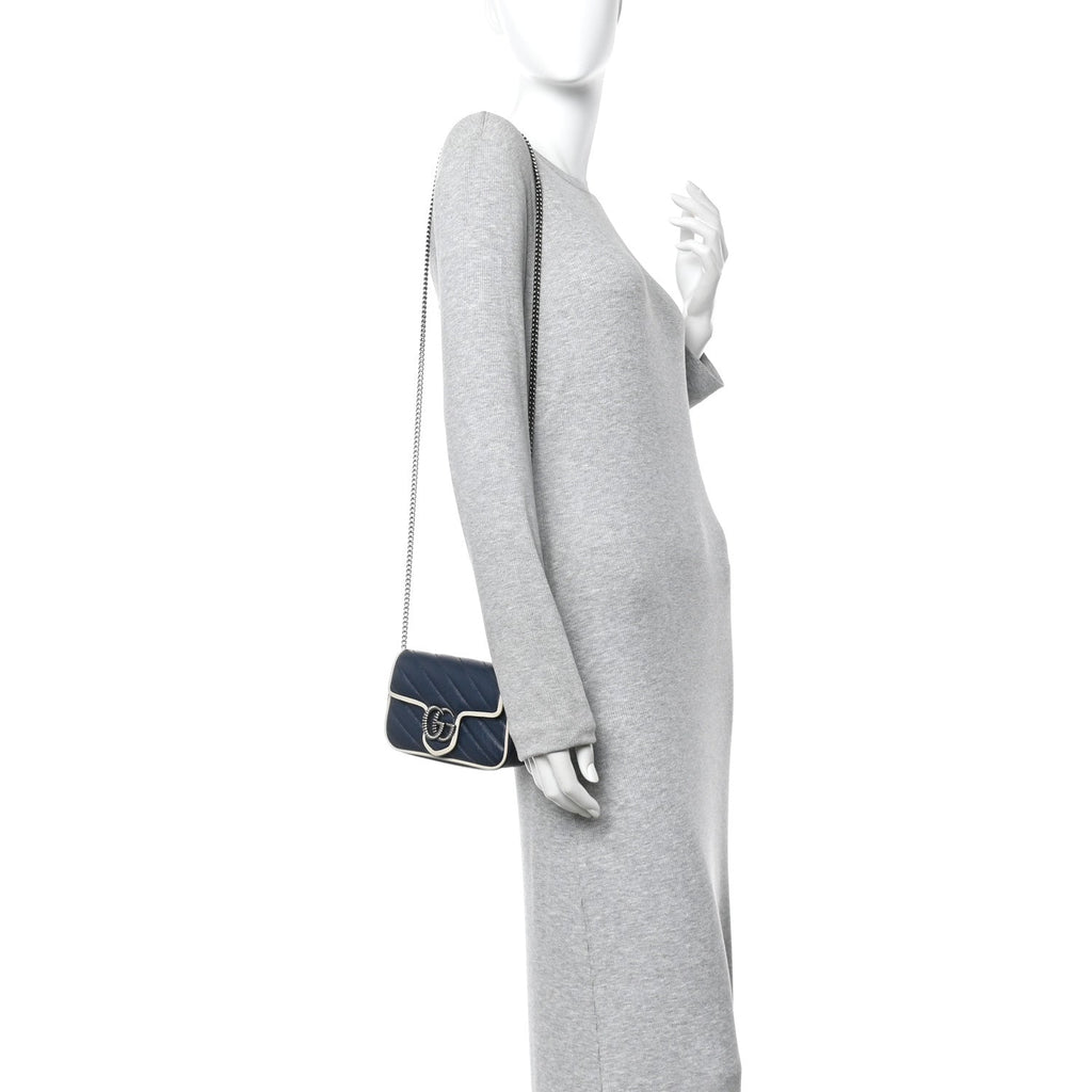 Gucci Vintage Effect Calfskin Matelasse Diagonal Super Mini Torchon GG Marmont Shoulder Bag Blue Agata Mystic White