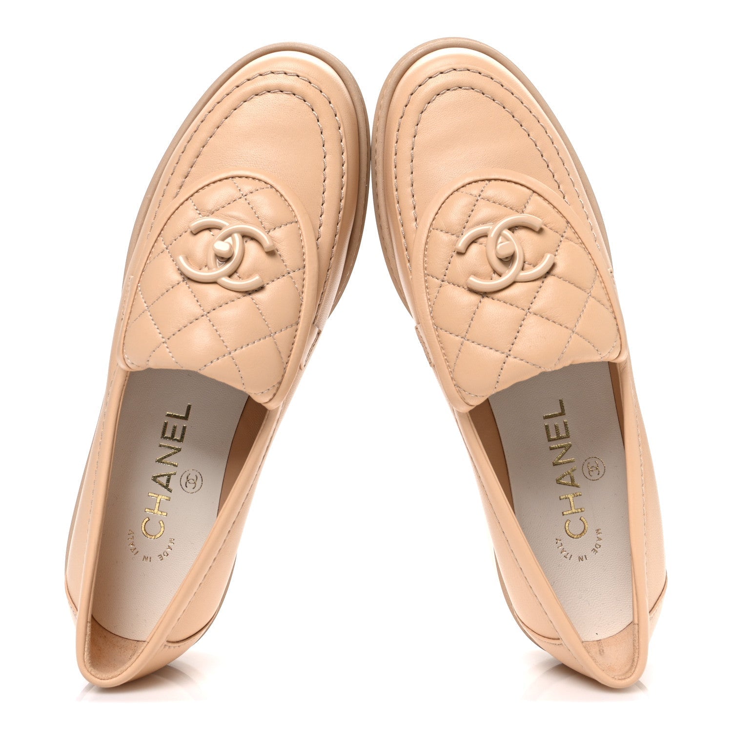 Lambskin Quilted CC Turnlock Moccasins 37 Beige