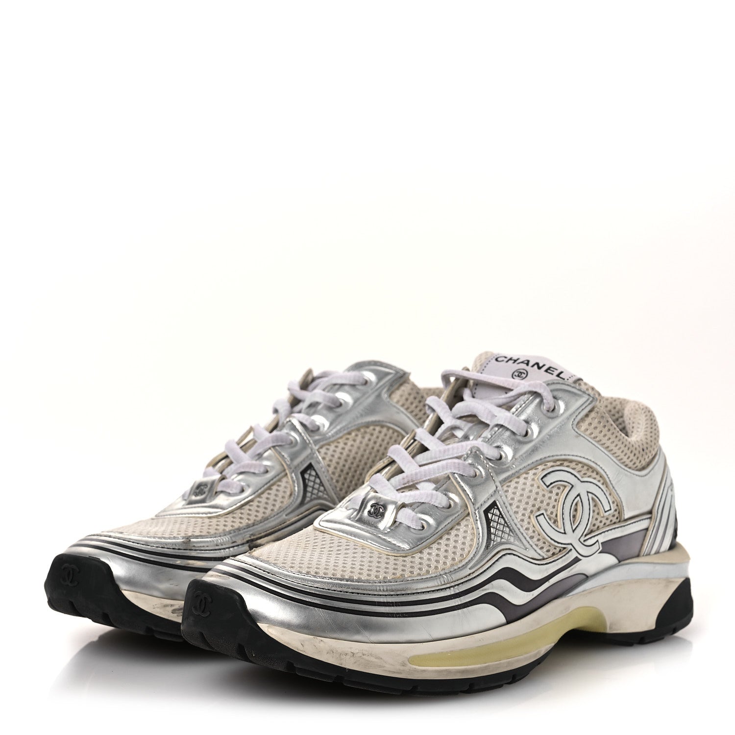 Fabric Laminated Calfskin Stretch CC Sneakers 39.5 White Silver
