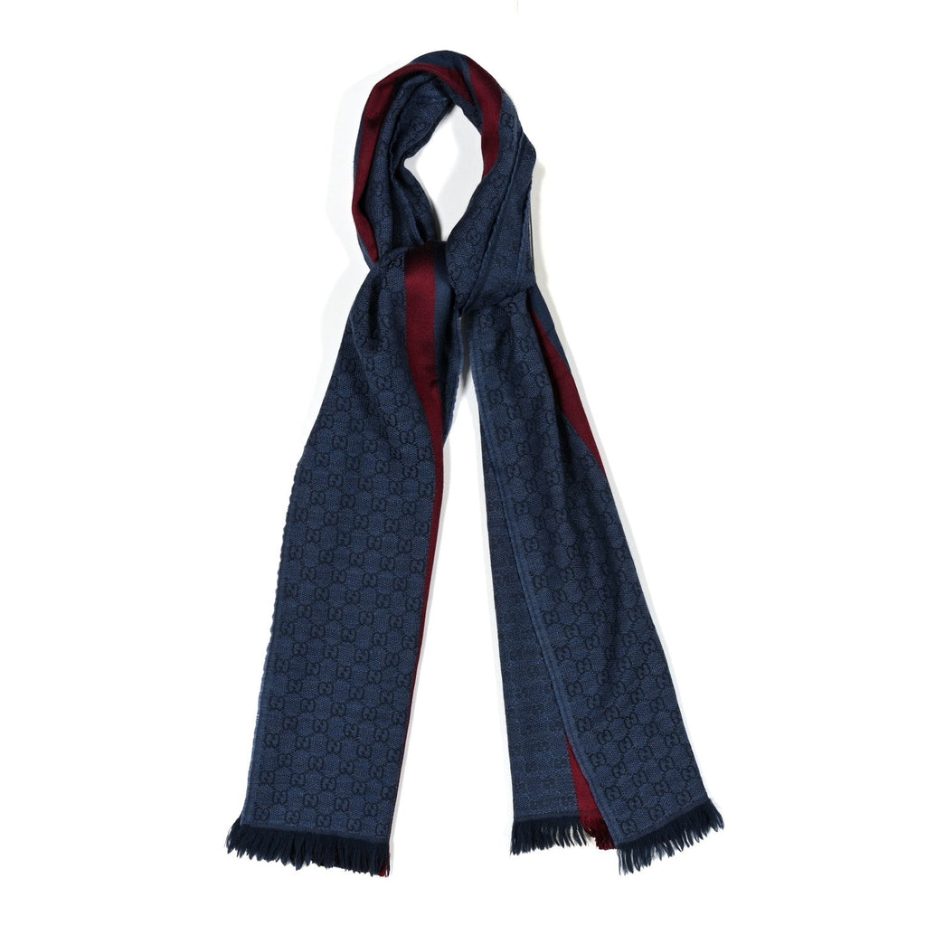 Gucci Wool Silk GG Monogram Web Verbiere Fringe Scarf Navy Blue