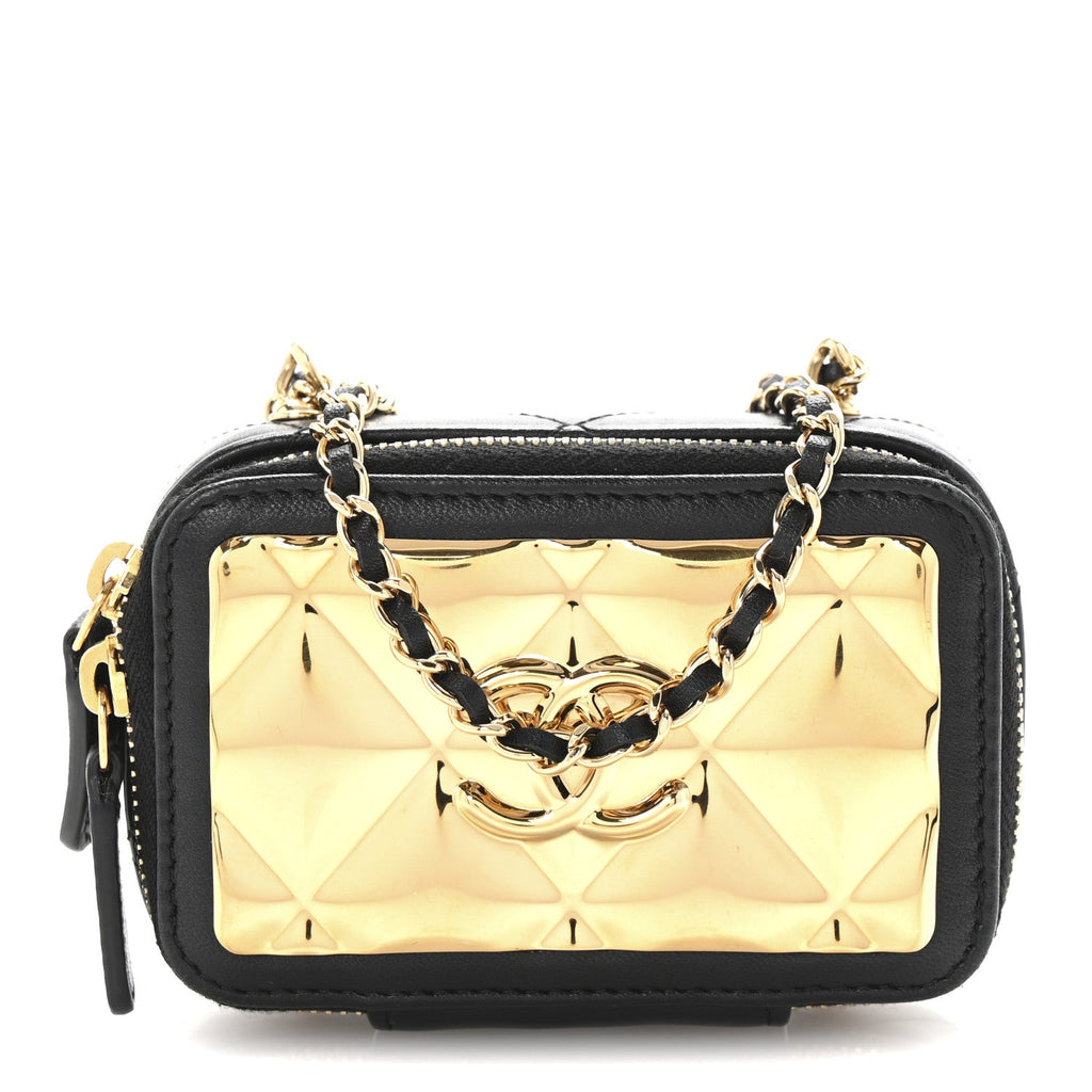 Chanel Lambskin Metal Quilted Extra Mini Vanity Case With Chain Black Gold