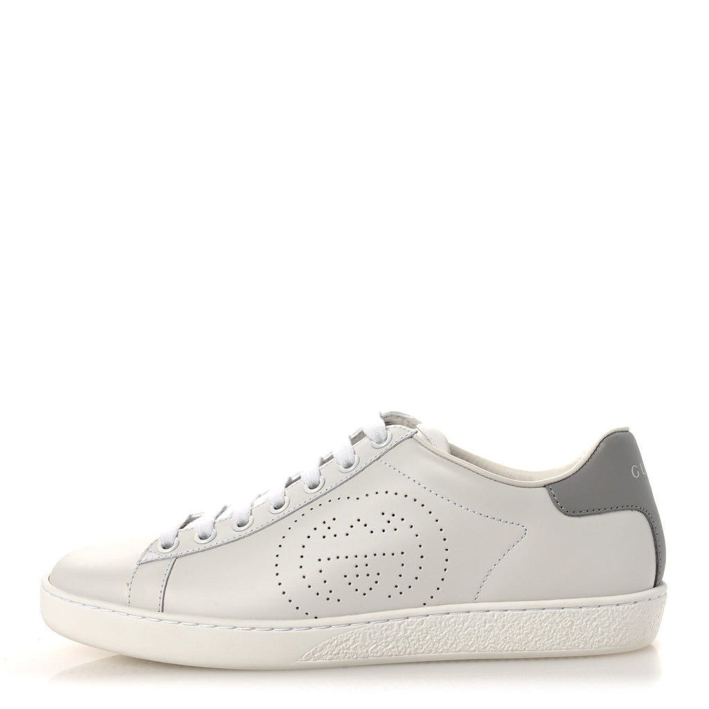 Gucci Calfskin Interlocking G Perforated Womens Ace Sneakers 37 White Grey Sky