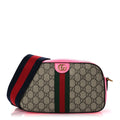 Gucci GG Supreme Monogram Textured Dollar Calfskin Web Ophidia Small Crossbody Bag Beige Ebony Fuchsia