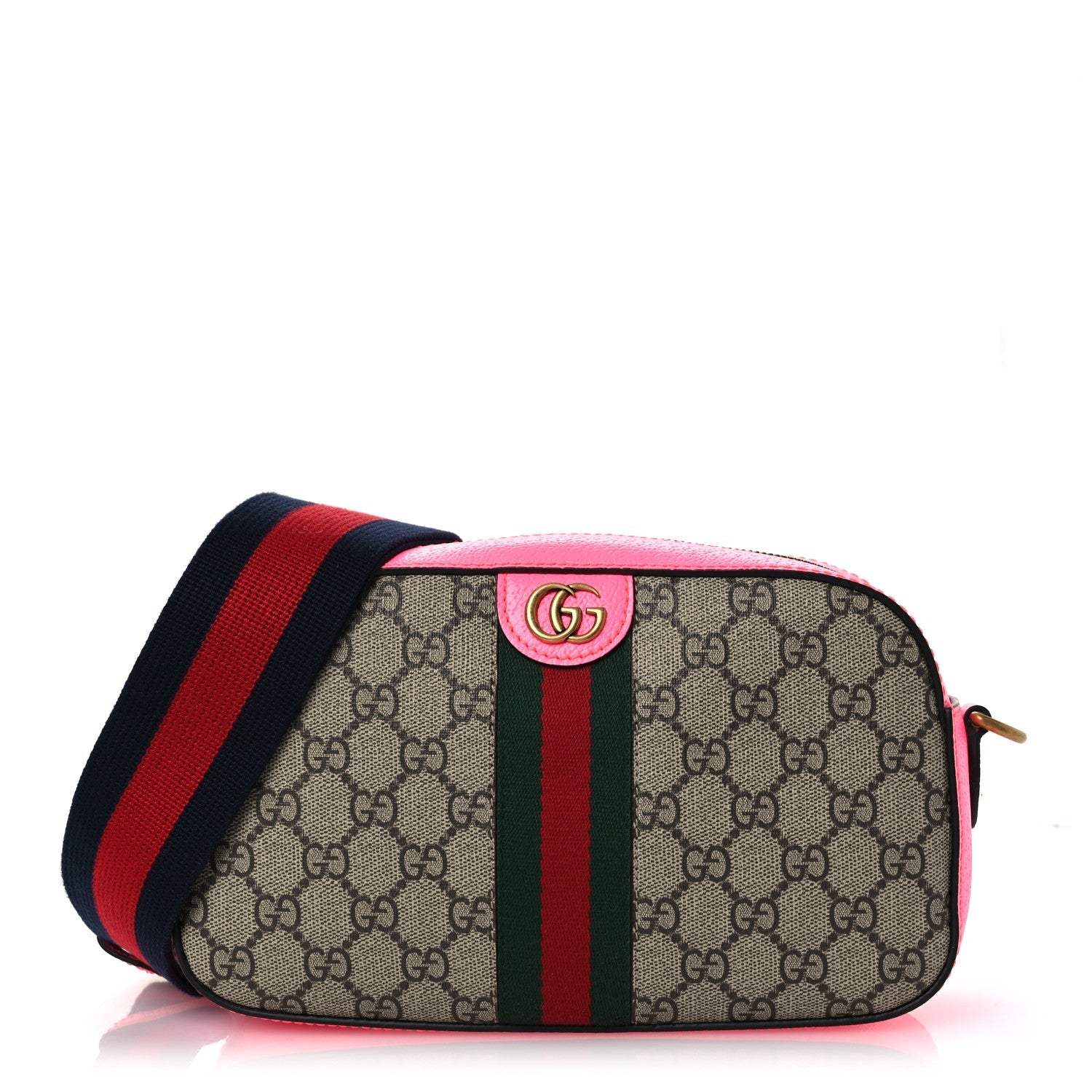 Gucci GG Supreme Monogram Textured Dollar Calfskin Web Ophidia Small Crossbody Bag Beige Ebony Fuchsia