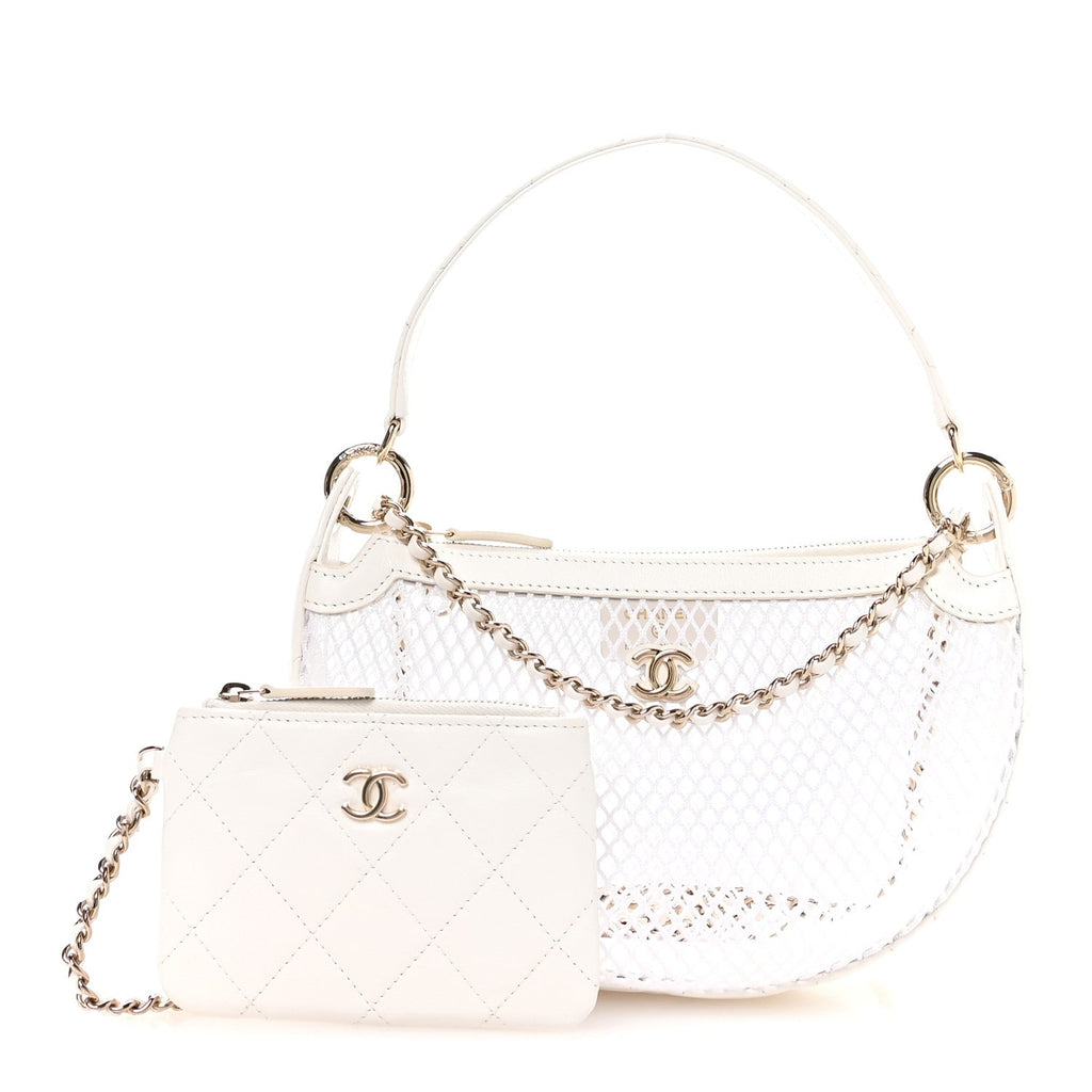 Chanel Mesh Shiny Lambskin Chain Hobo White
