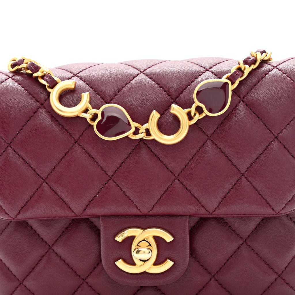 Chanel Lambskin Enamel Quilted Mini Coco Hearts Square Flap Burgundy