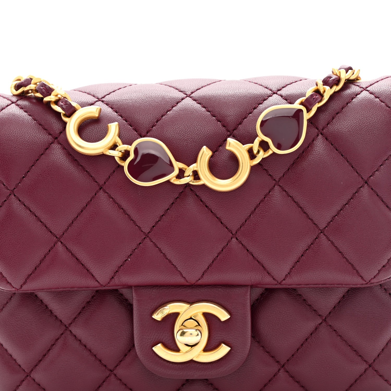 Chanel Lambskin Enamel Quilted Mini Coco Hearts Square Flap Burgundy