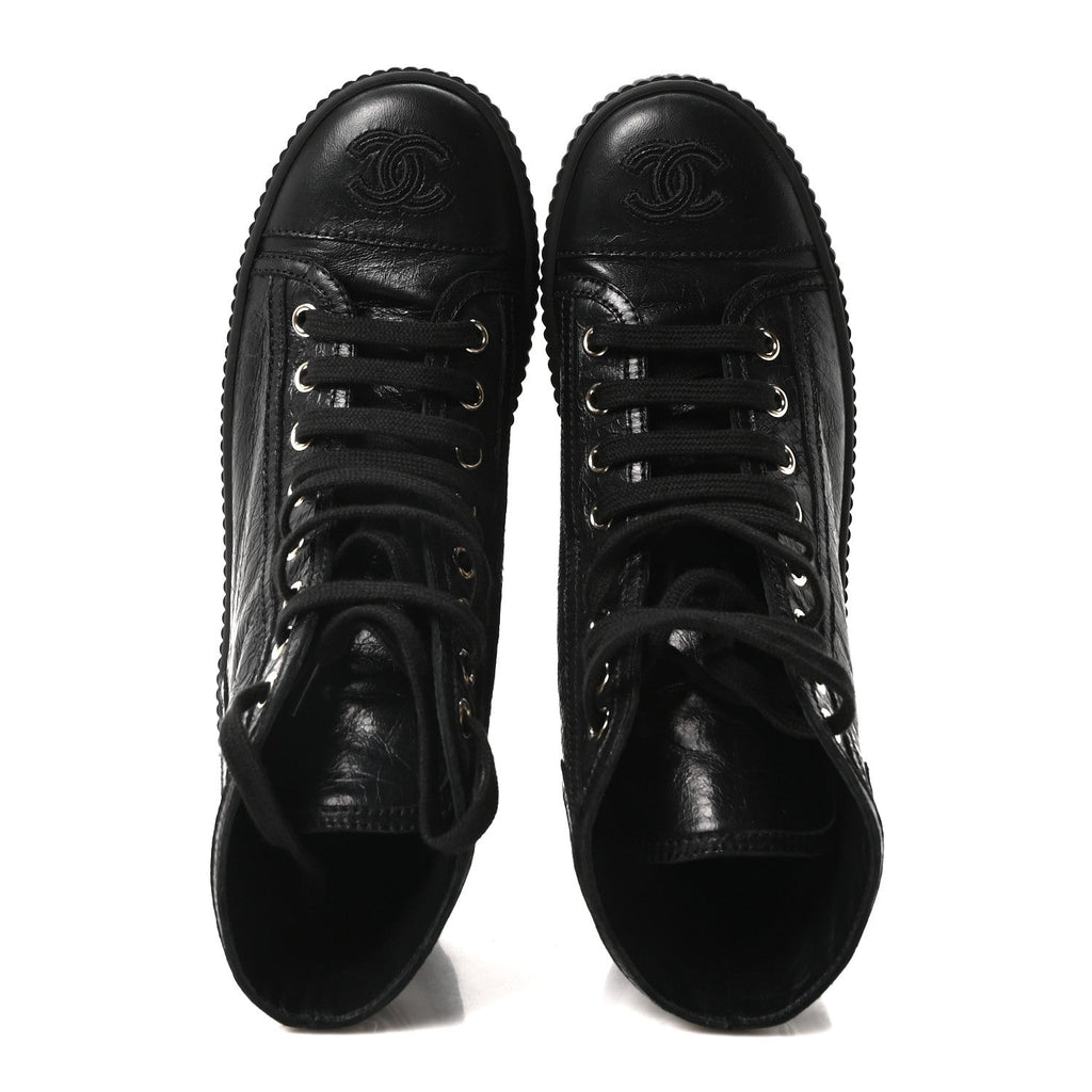 Aged Calfskin Lace Up Cap Toe Sneakers 36 Black White