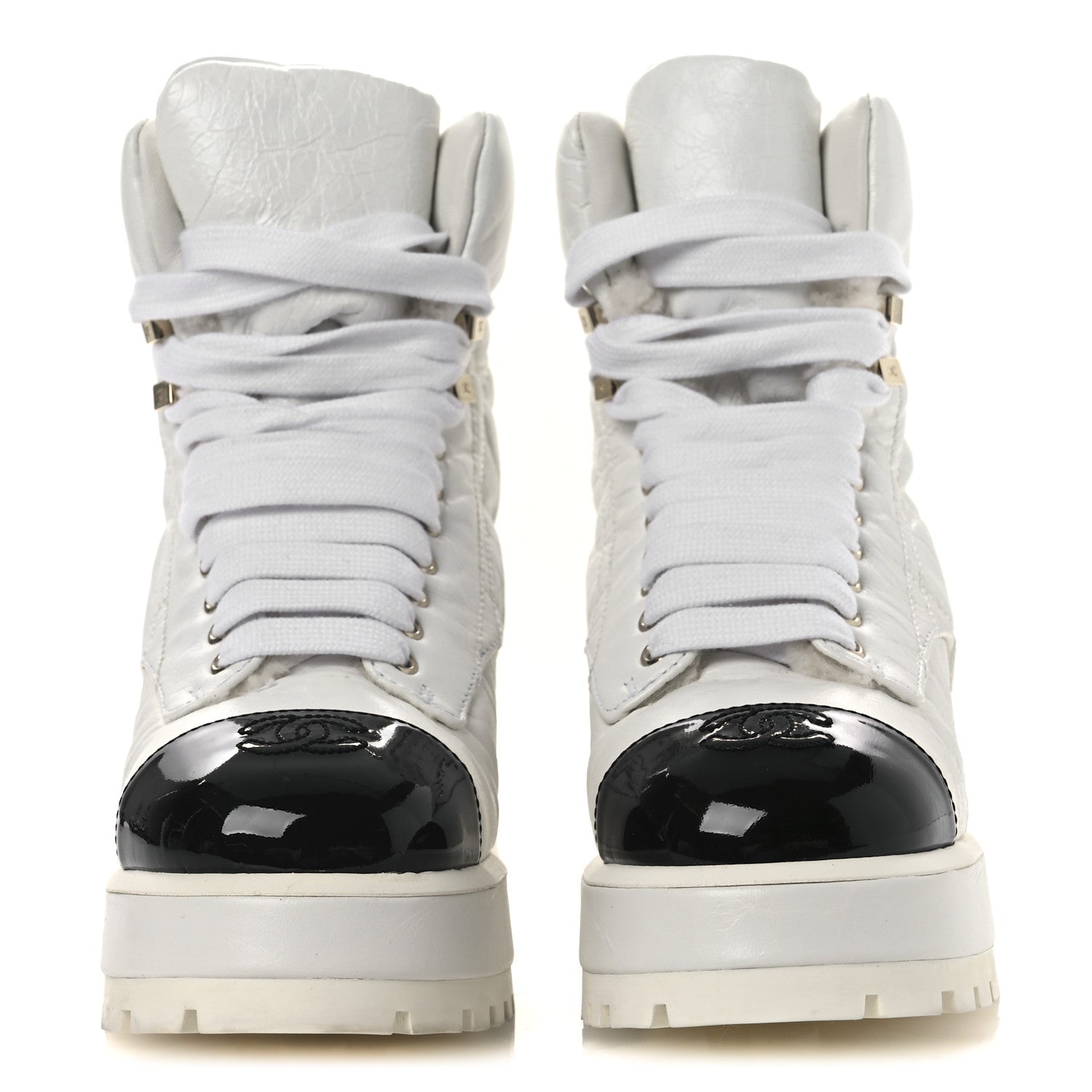 Crumpled Patent Lambskin Calfskin Quilted Lace Up Combat Boots 37 White Black