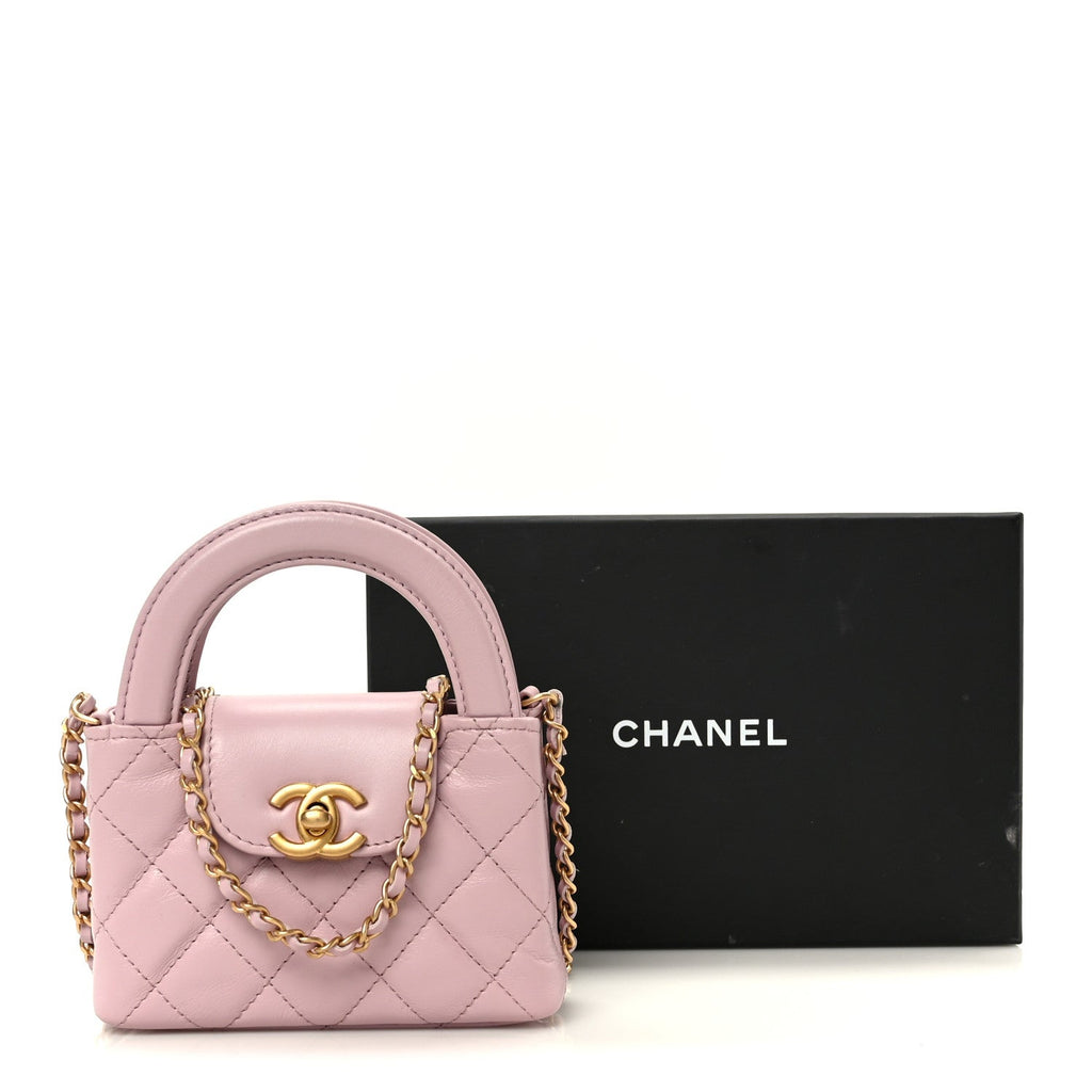 Chanel Shiny Aged Calfskin Quilted Mini Nano Kelly Shopper Light Pink