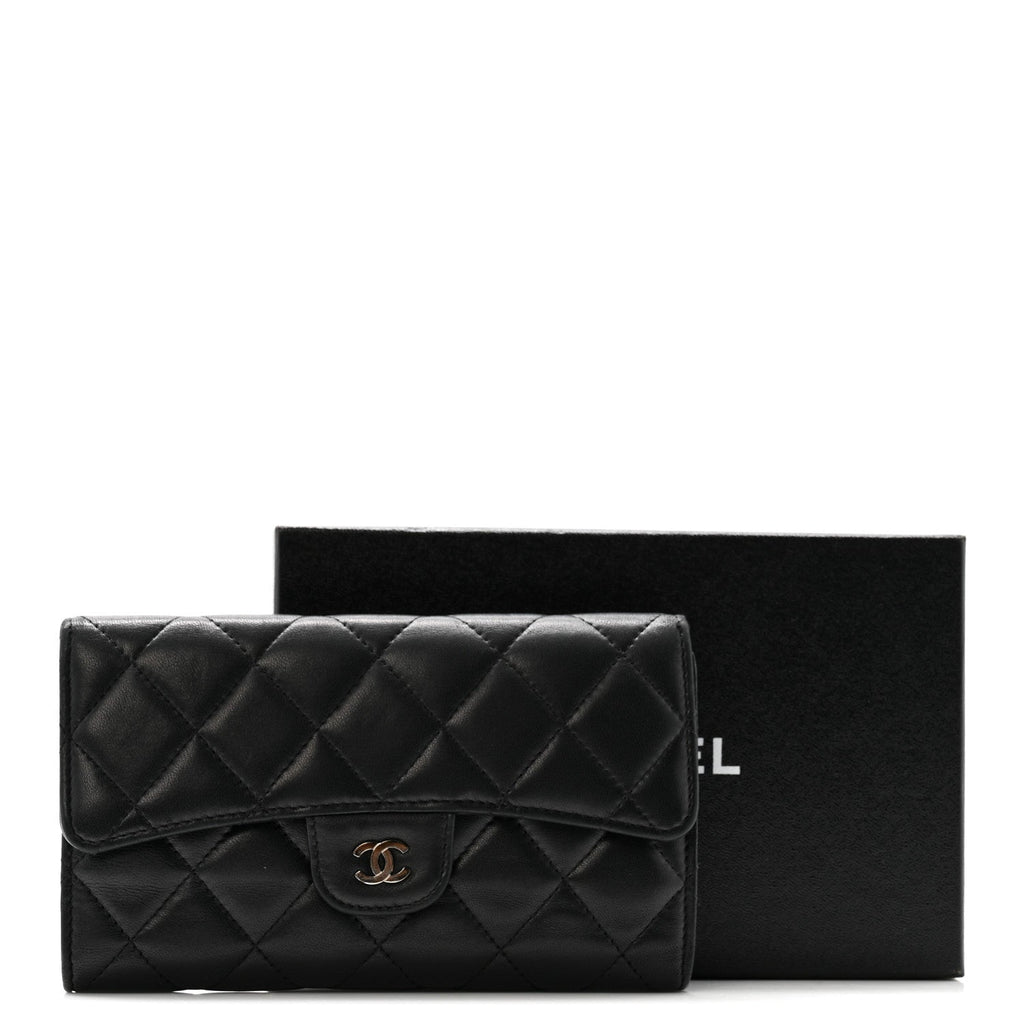 Lambskin Quilted Large Flap Wallet Black