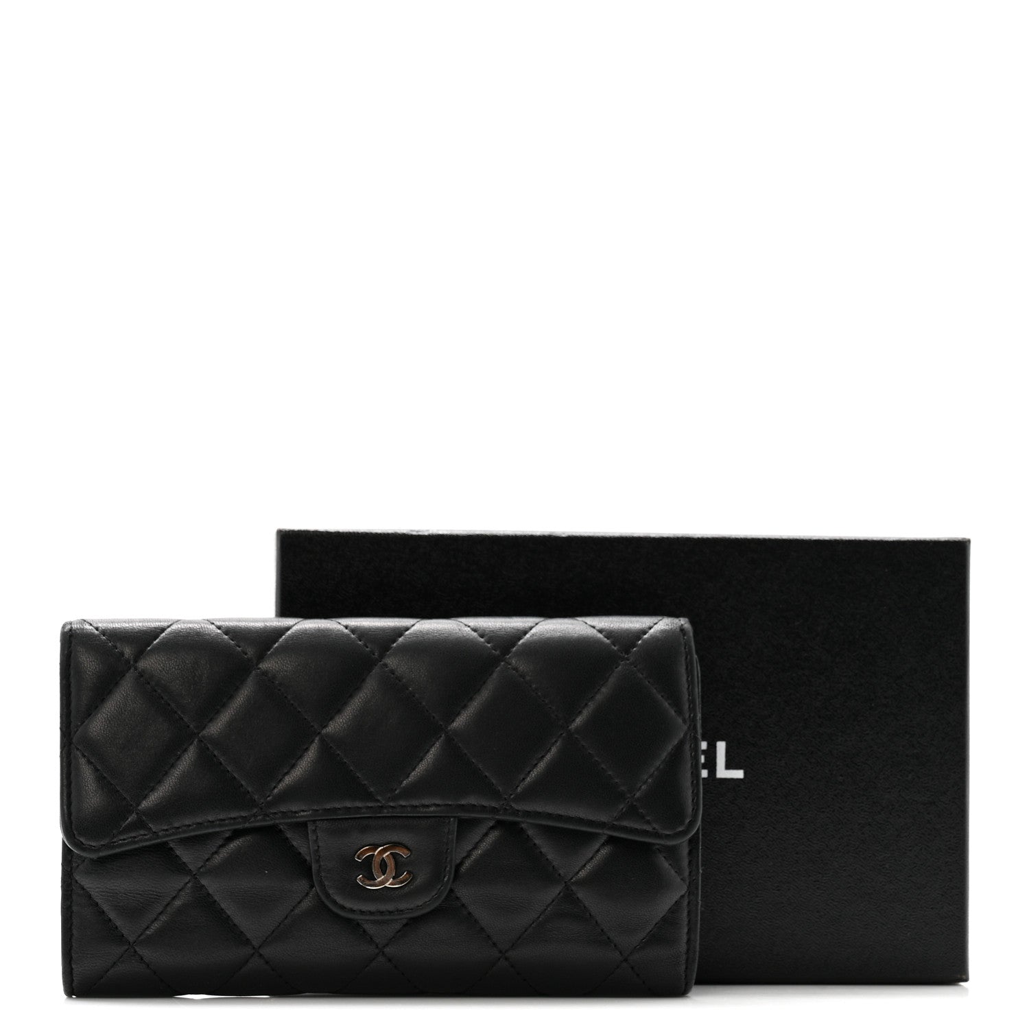 Lambskin Quilted Large Flap Wallet Black