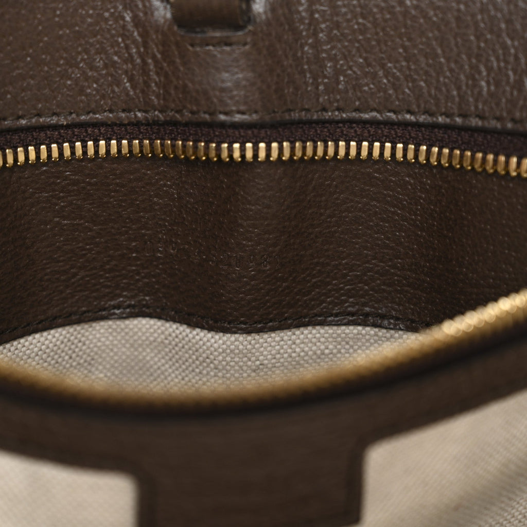 Gucci Monogram Jumbo GG Textured Dollar Calfskin Web Small Tote Bag Camel Ebony New Acero