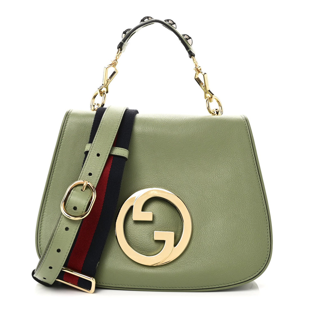 Gucci Roxy Calfskin Web Medium Blondie Top Handle Shoulder Flap Bag Salamander Green