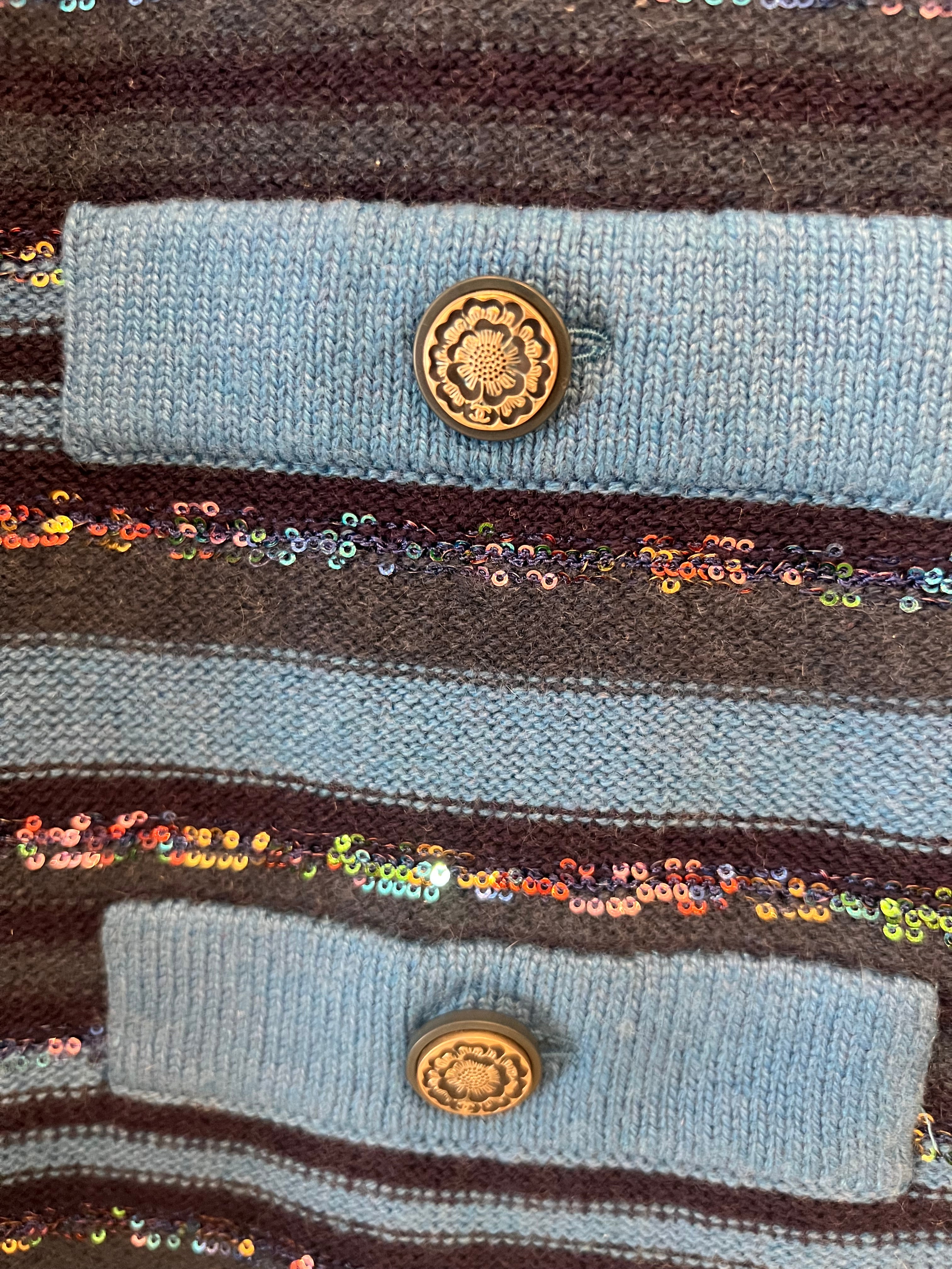 Chanel 20C Blue and Navy Cashmere Striped Long Cardigan with Multicolour Sequins Detail and Silver Camellia CC Buttons Size FR 36 (UK 8)