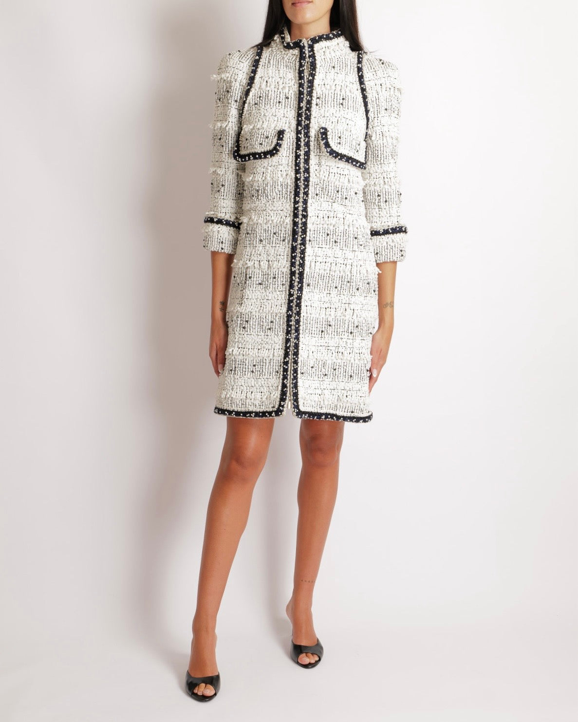 Chanel Fall 2017 White and Black Tweed Long Jacket with Black and White Pearl Embellishments and Front Pocket Details Size FR 36 (UK 8)