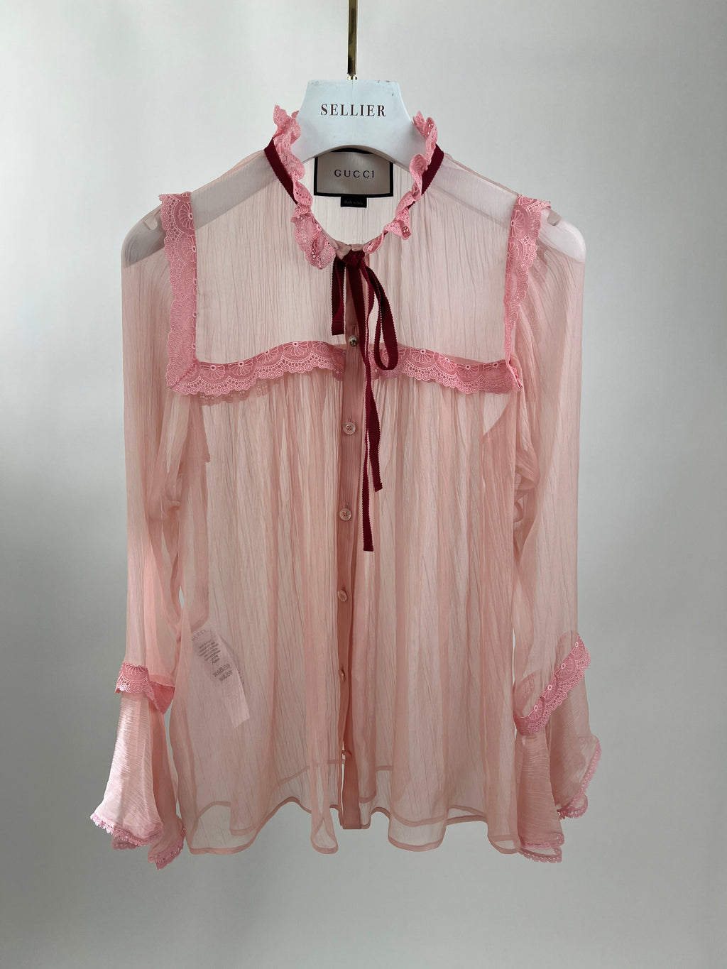 Gucci Pink Silk Pearl Button Down Shirt with Crochet Trim Detailing IT 36 (UK 4)