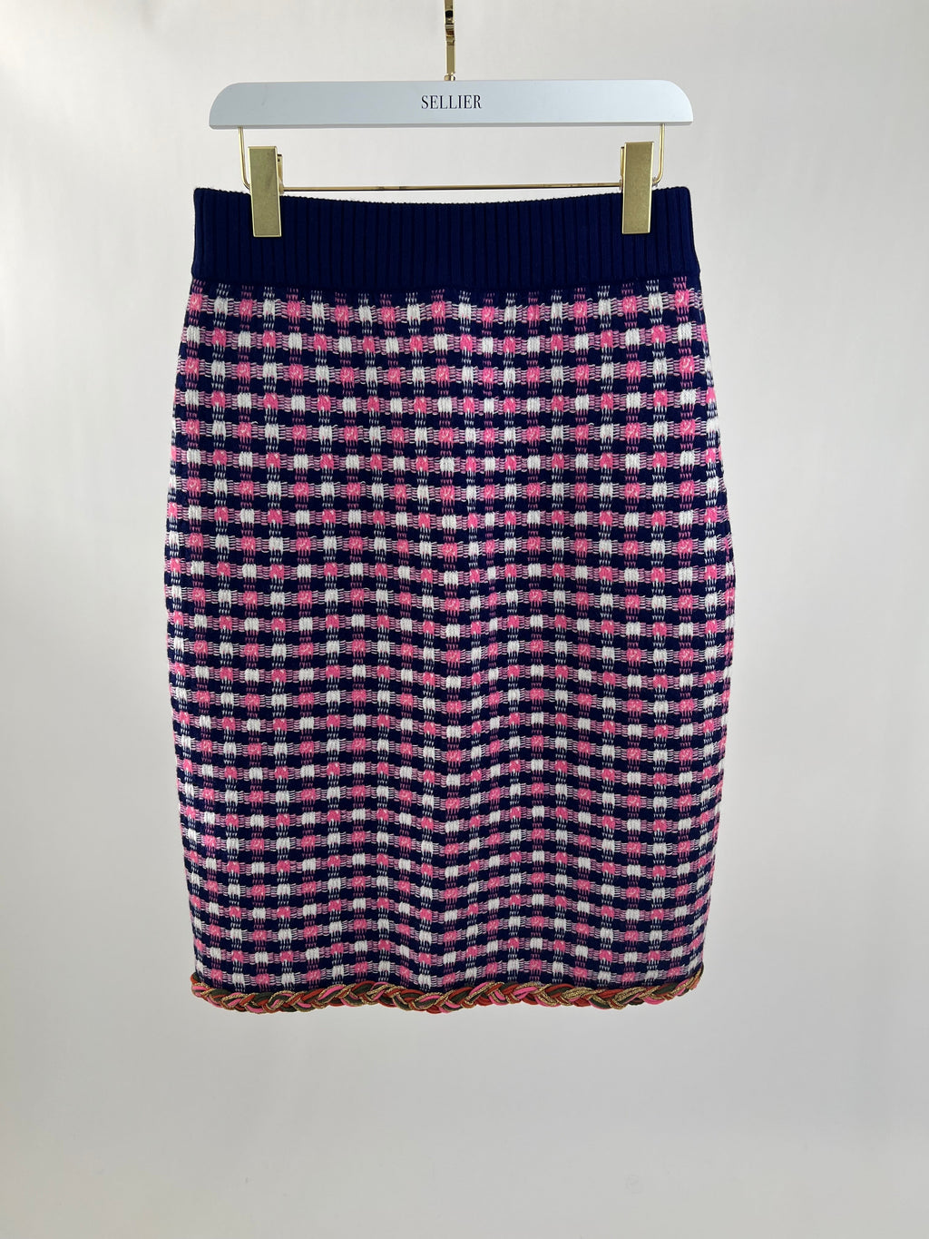 Gucci Pink, White and Purple Check Knitted Midi Skirt with Metallic Hem Size M (UK 10)