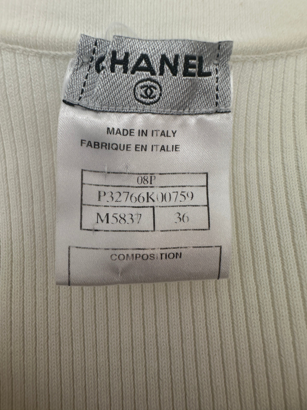 Chanel 08P Cream Sleeveless Knitted Short Dress with Silver CC Logo Button and Navy Hem Details Size FR 36 (UK 8)