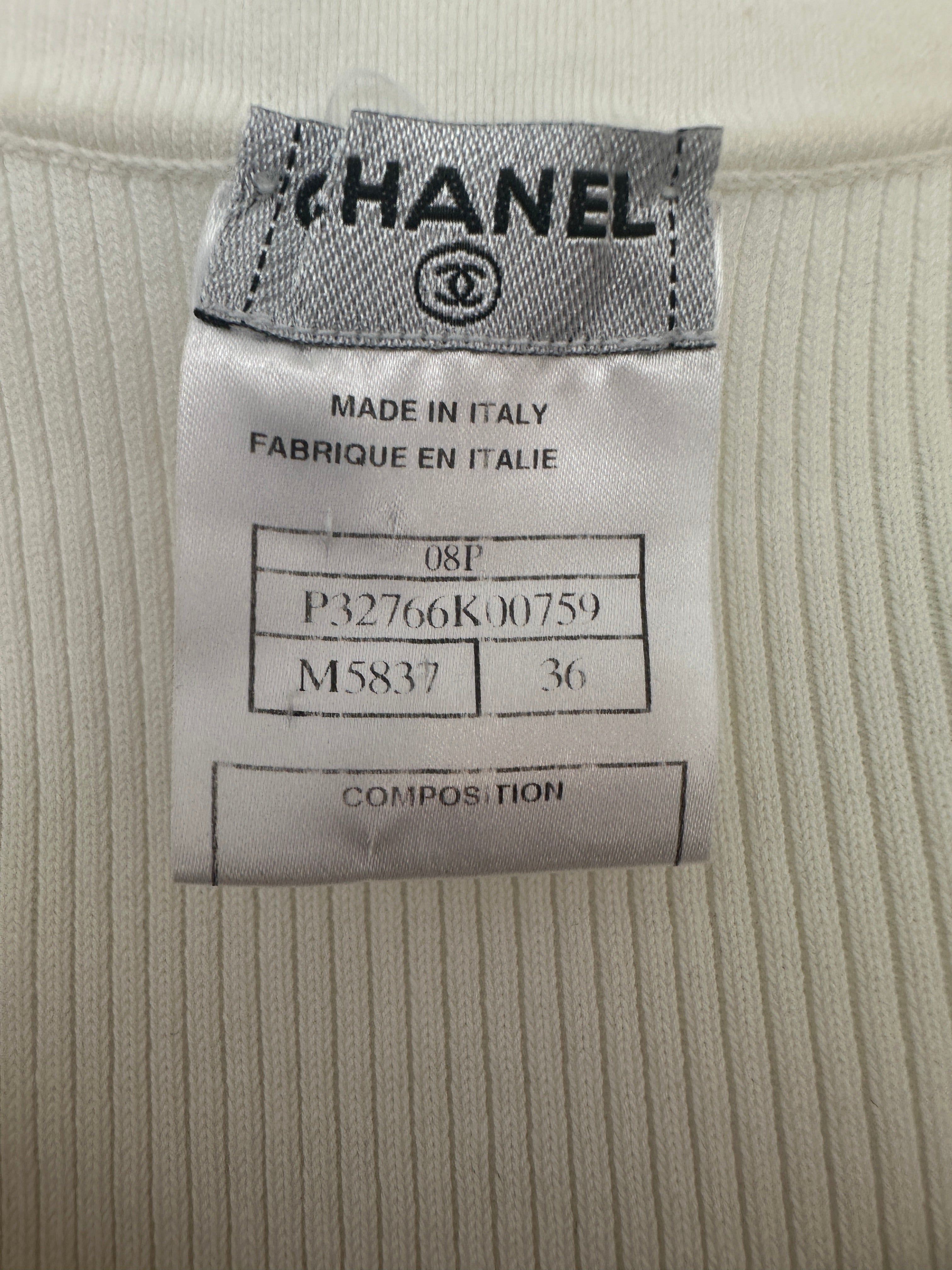 Chanel 08P Cream Sleeveless Knitted Short Dress with Silver CC Logo Button and Navy Hem Details Size FR 36 (UK 8)