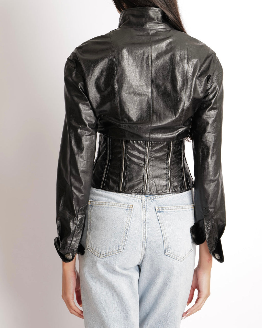 Chanel Fall 2014 Black Corseted Leather Jacket with Silver Zippers Stitch Details and Silver Textured CC Logo Buttons Size FR 36 (UK 8)