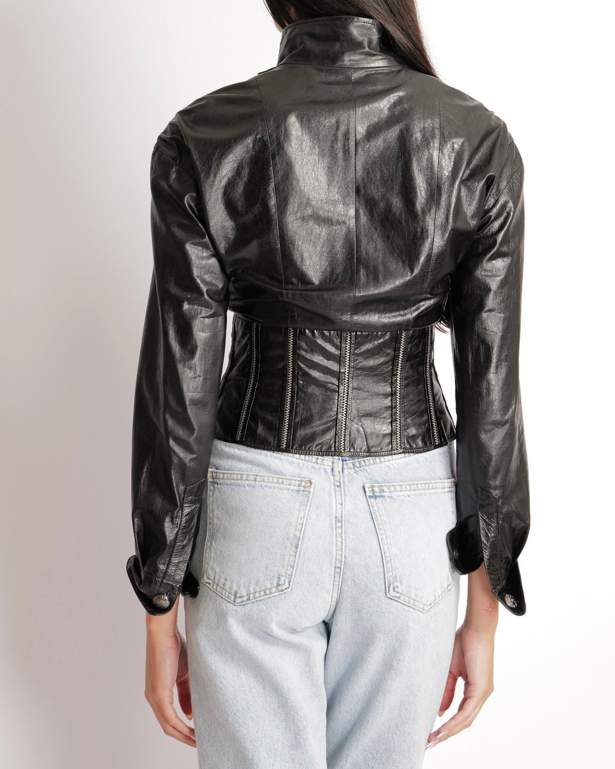 Chanel Fall 2014 Black Corseted Leather Jacket with Silver Zippers Stitch Details and Silver Textured CC Logo Buttons Size FR 36 (UK 8)