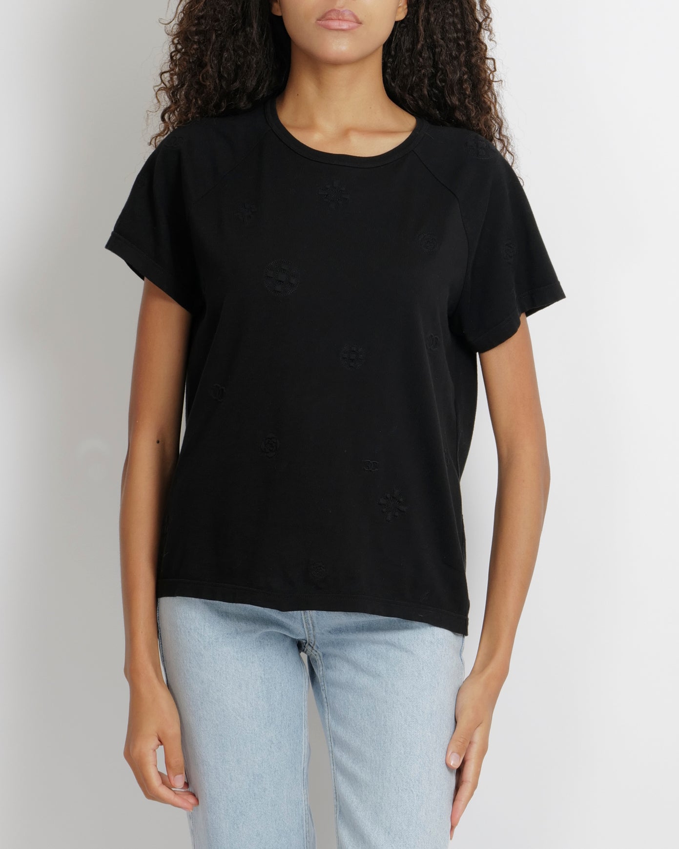 Chanel Black Short-Sleeved T-Shirt with Textured Embroideries and CC Logos Size FR 40 (UK 12)