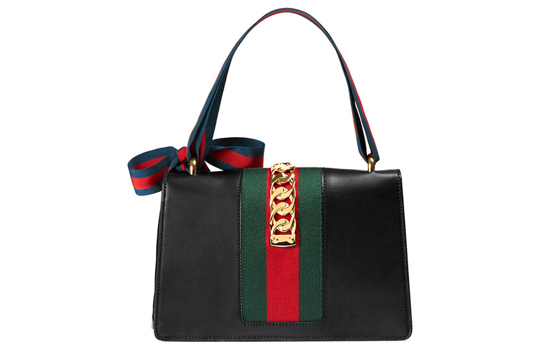(WMNS) GUCCI Sylvie Gold buckle Stripe Webbing Bow Wide Version Leather handbag Small Black 421882CVLEG-8638