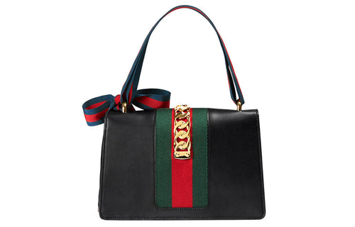 (WMNS) GUCCI Sylvie Gold buckle Stripe Webbing Bow Wide Version Leather handbag Small Black 421882CVLEG-8638