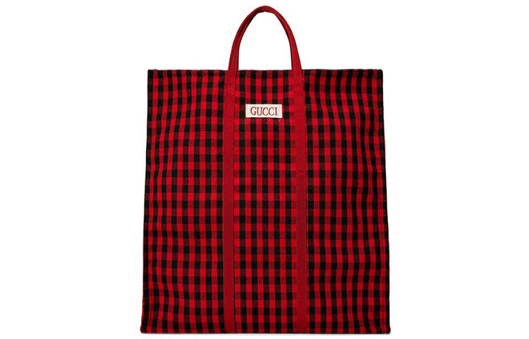 GUCCI Plaid Printing Alphabet Embroidered Canvas Tote Shoulder Bag / Red / Black Handbag 484690-9HPA0-6160
