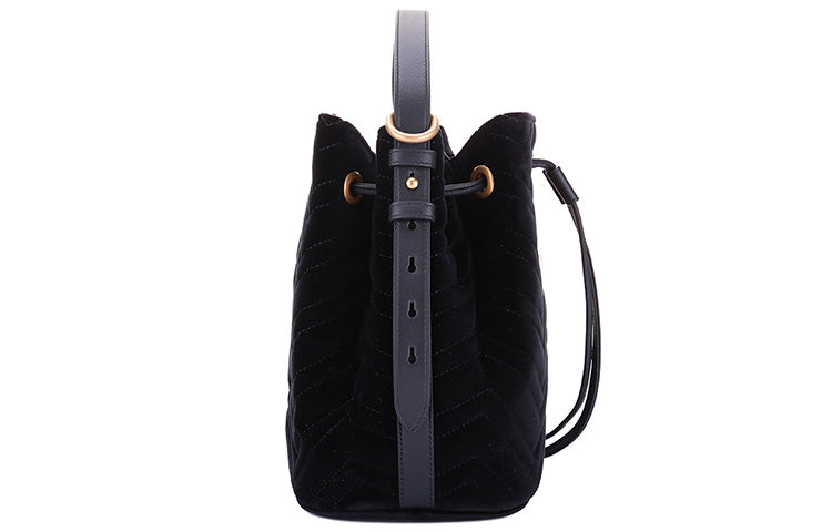 GUCCI GG Marmont Gold Label Logo Velvet Drawstring Bucket Bag Chain Handbag Black 525081-9FRDT-1000