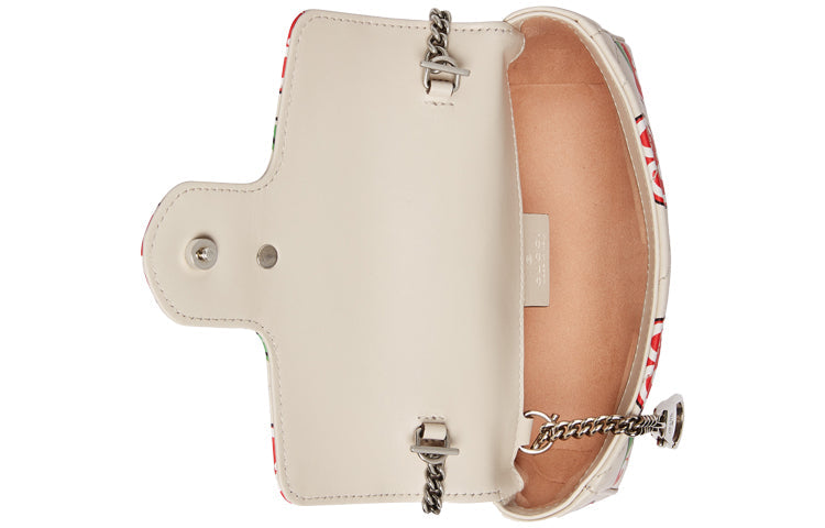 (WMNS) GUCCI GG Marmont Silver Logo Apple Pattern Leather Chain Shoulder Messenger Bag Mini White / Red Valentine's Day limited 476433-1W8AN-9086