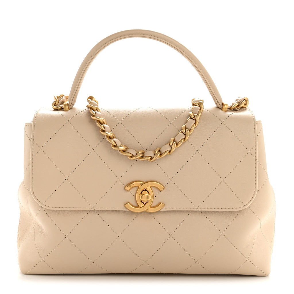 Chanel Calfskin Stitched Flap Top Handle Beige