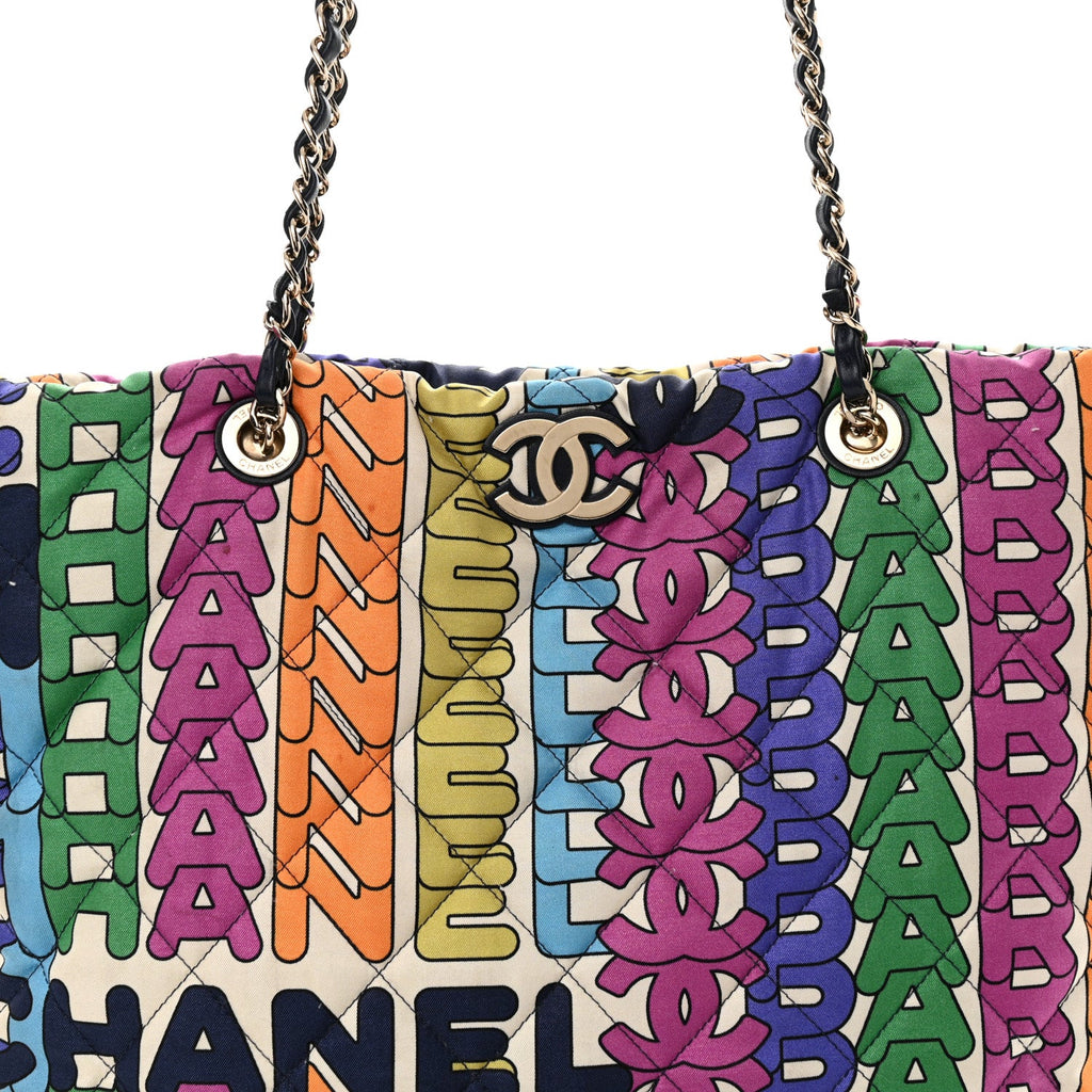 Chanel Printed Fabric Quilted Logo Large Shopping Tote Multicolor