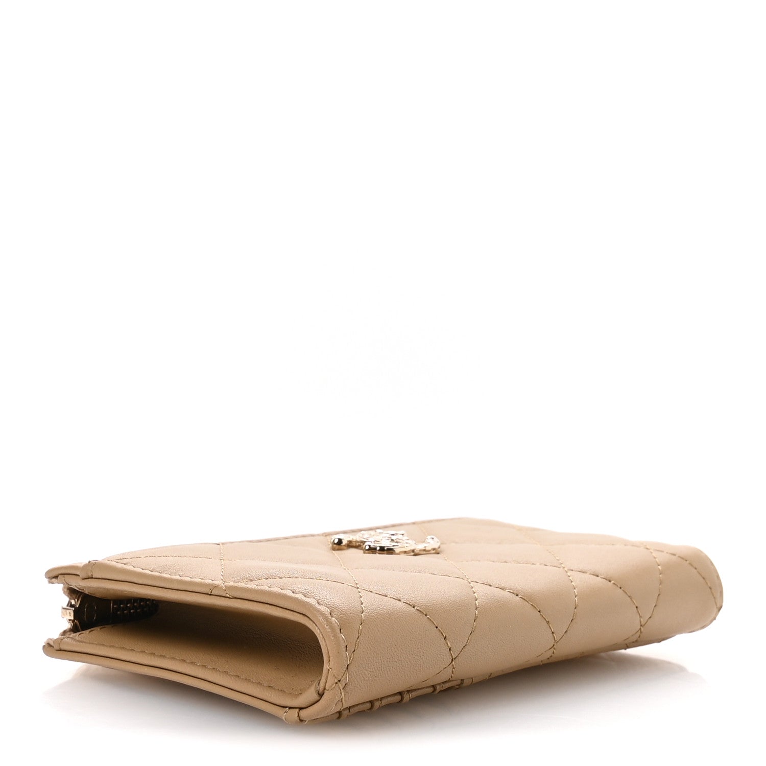 Lambskin Quilted Crystal CC Zip Card Holder Dark Beige