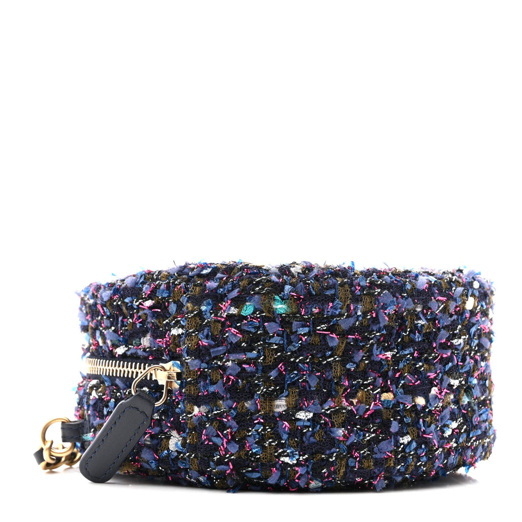 Chanel Tweed Quilted Round Clutch With Chain Multicolor