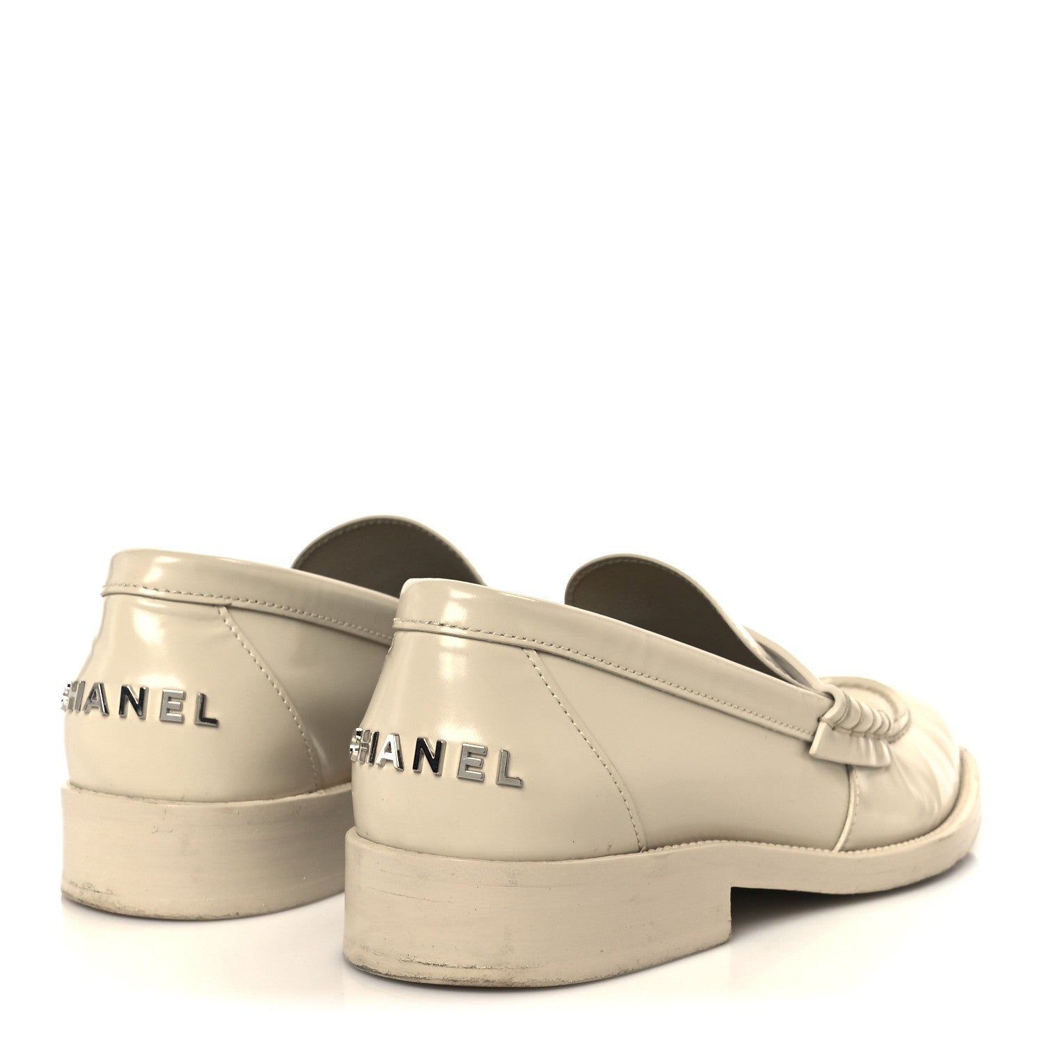 Chanel Shiny Calfskin Logo Loafers 38.5 Beige