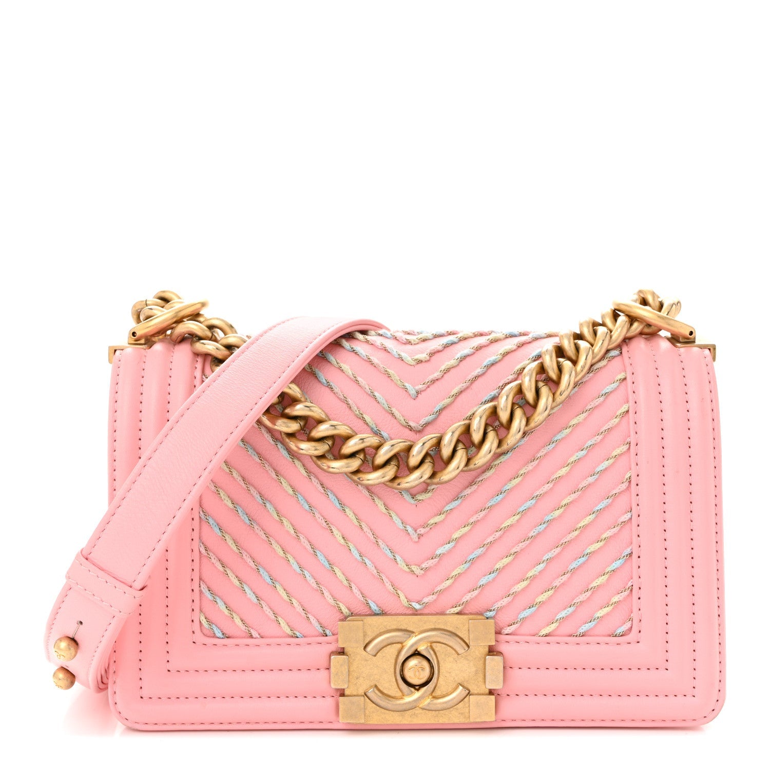 Chanel Calfskin Chevron Embroidered Small Boy By The Sea Flap Pink