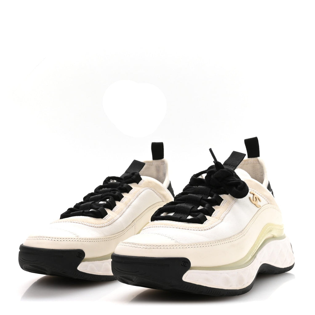 Chanel Velvet Calfskin Mixed Fibers CC Sneakers 37 Ivory Black